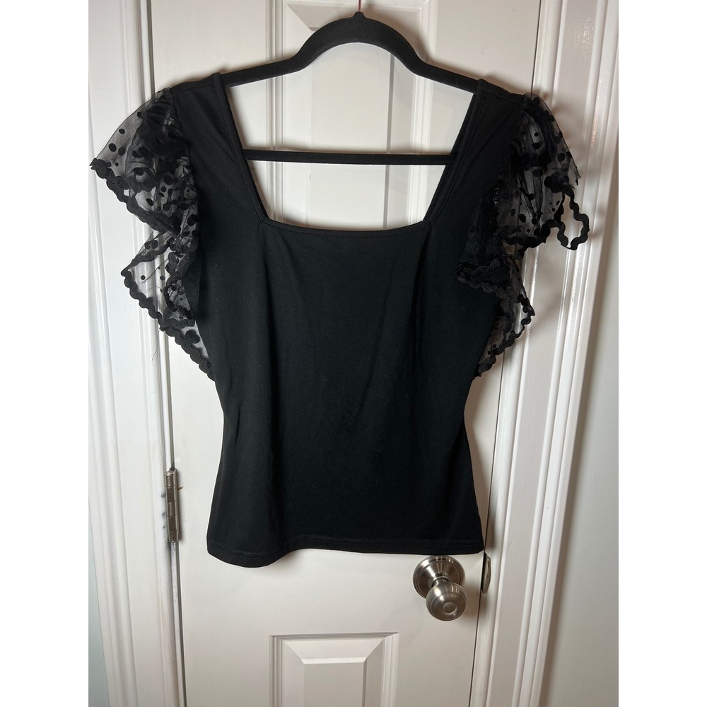 Shein Black Square Neck Top Sheer Polka Dot Lace Flutter Sleeve Small